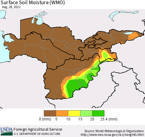 Central Asia Surface Soil Moisture (WMO) Thematic Map For 8/22/2022 - 8/28/2022