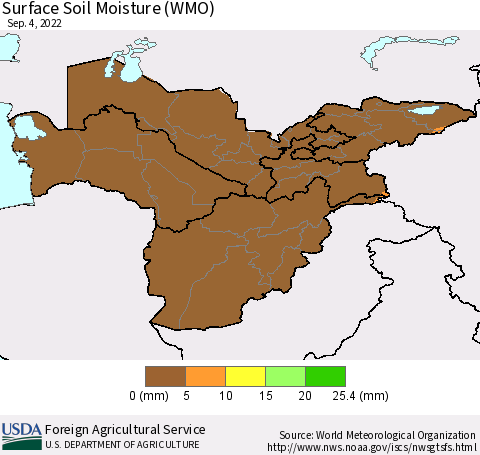 Central Asia Surface Soil Moisture (WMO) Thematic Map For 8/29/2022 - 9/4/2022