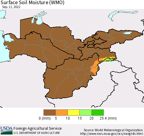 Central Asia Surface Soil Moisture (WMO) Thematic Map For 9/5/2022 - 9/11/2022