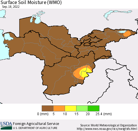 Central Asia Surface Soil Moisture (WMO) Thematic Map For 9/12/2022 - 9/18/2022