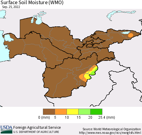 Central Asia Surface Soil Moisture (WMO) Thematic Map For 9/19/2022 - 9/25/2022