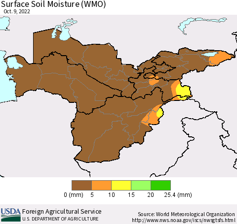 Central Asia Surface Soil Moisture (WMO) Thematic Map For 10/3/2022 - 10/9/2022