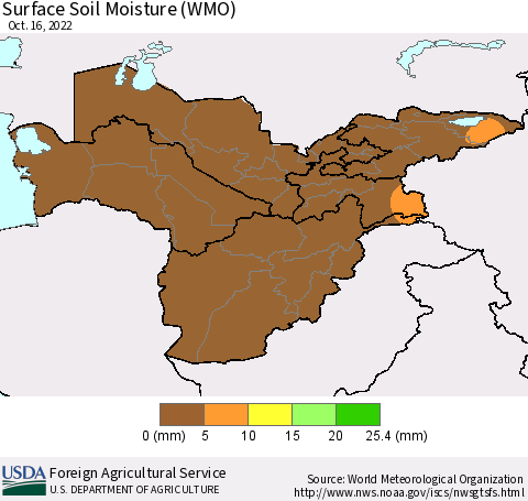 Central Asia Surface Soil Moisture (WMO) Thematic Map For 10/10/2022 - 10/16/2022