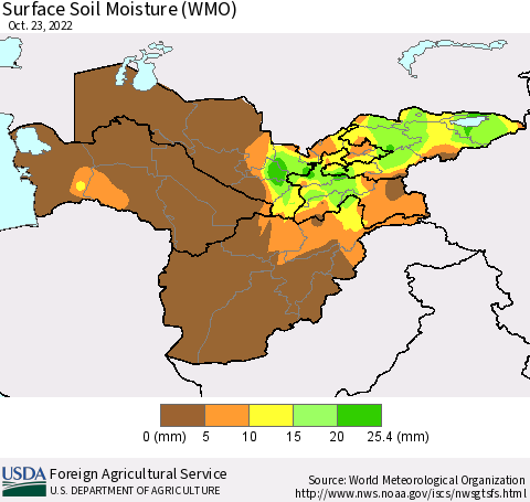Central Asia Surface Soil Moisture (WMO) Thematic Map For 10/17/2022 - 10/23/2022