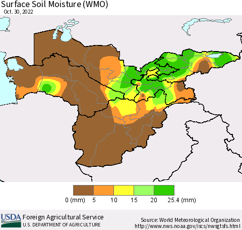 Central Asia Surface Soil Moisture (WMO) Thematic Map For 10/24/2022 - 10/30/2022