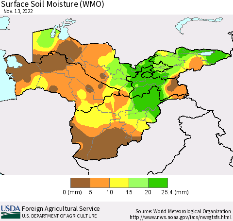 Central Asia Surface Soil Moisture (WMO) Thematic Map For 11/7/2022 - 11/13/2022
