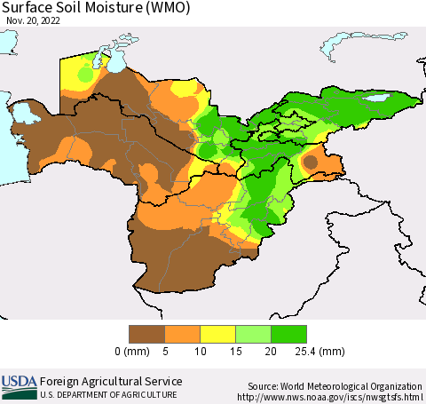 Central Asia Surface Soil Moisture (WMO) Thematic Map For 11/14/2022 - 11/20/2022