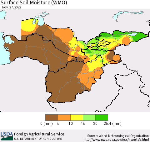 Central Asia Surface Soil Moisture (WMO) Thematic Map For 11/21/2022 - 11/27/2022