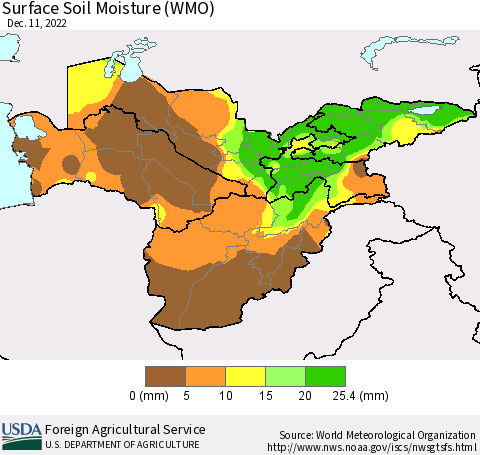 Central Asia Surface Soil Moisture (WMO) Thematic Map For 12/5/2022 - 12/11/2022