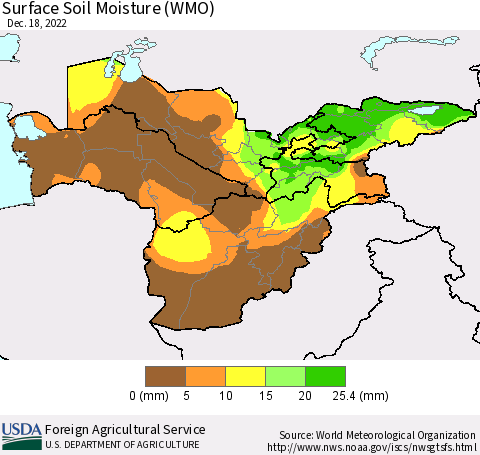 Central Asia Surface Soil Moisture (WMO) Thematic Map For 12/12/2022 - 12/18/2022