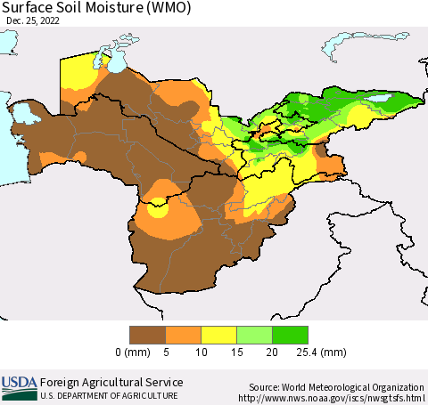 Central Asia Surface Soil Moisture (WMO) Thematic Map For 12/19/2022 - 12/25/2022