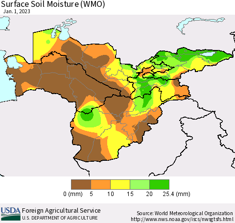 Central Asia Surface Soil Moisture (WMO) Thematic Map For 12/26/2022 - 1/1/2023