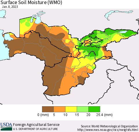 Central Asia Surface Soil Moisture (WMO) Thematic Map For 1/2/2023 - 1/8/2023