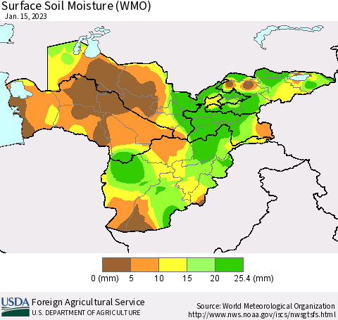 Central Asia Surface Soil Moisture (WMO) Thematic Map For 1/9/2023 - 1/15/2023