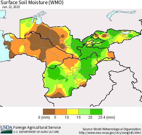 Central Asia Surface Soil Moisture (WMO) Thematic Map For 1/16/2023 - 1/22/2023