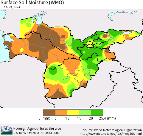 Central Asia Surface Soil Moisture (WMO) Thematic Map For 1/23/2023 - 1/29/2023