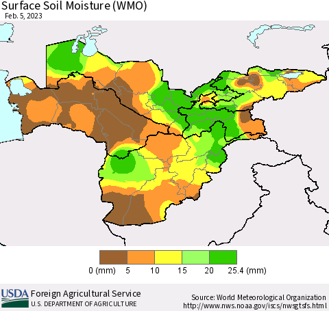 Central Asia Surface Soil Moisture (WMO) Thematic Map For 1/30/2023 - 2/5/2023