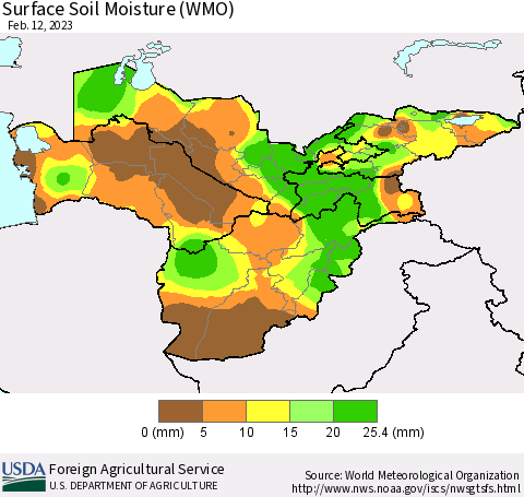 Central Asia Surface Soil Moisture (WMO) Thematic Map For 2/6/2023 - 2/12/2023