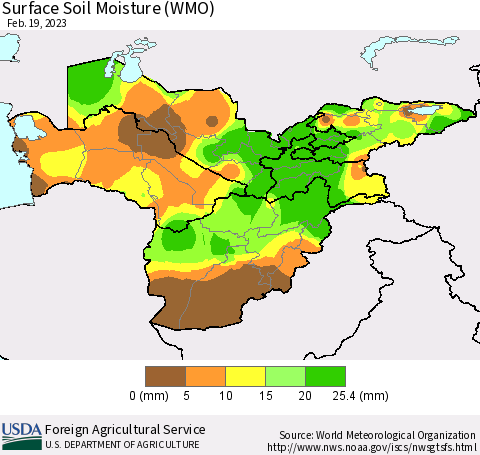 Central Asia Surface Soil Moisture (WMO) Thematic Map For 2/13/2023 - 2/19/2023