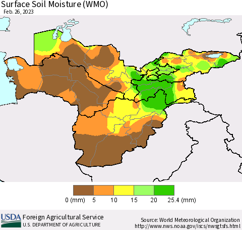 Central Asia Surface Soil Moisture (WMO) Thematic Map For 2/20/2023 - 2/26/2023