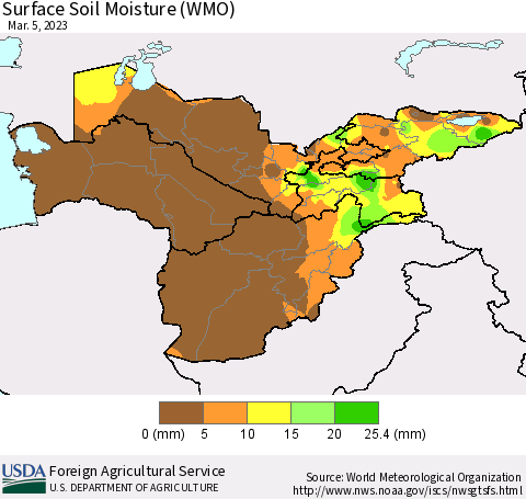 Central Asia Surface Soil Moisture (WMO) Thematic Map For 2/27/2023 - 3/5/2023