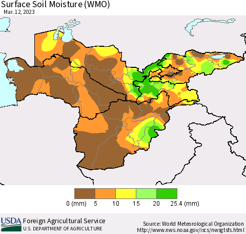 Central Asia Surface Soil Moisture (WMO) Thematic Map For 3/6/2023 - 3/12/2023