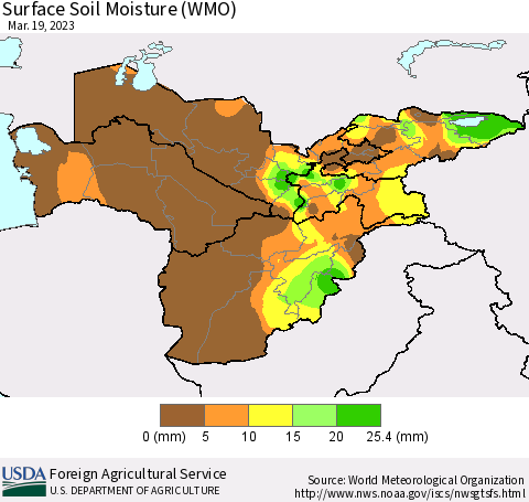 Central Asia Surface Soil Moisture (WMO) Thematic Map For 3/13/2023 - 3/19/2023