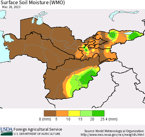 Central Asia Surface Soil Moisture (WMO) Thematic Map For 3/20/2023 - 3/26/2023