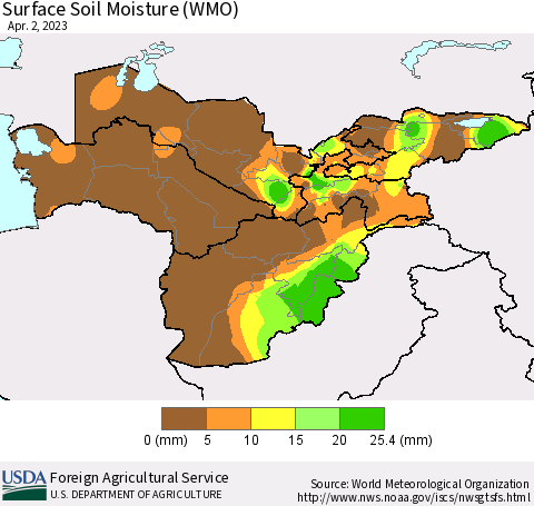 Central Asia Surface Soil Moisture (WMO) Thematic Map For 3/27/2023 - 4/2/2023