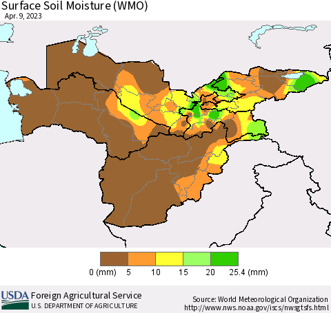 Central Asia Surface Soil Moisture (WMO) Thematic Map For 4/3/2023 - 4/9/2023