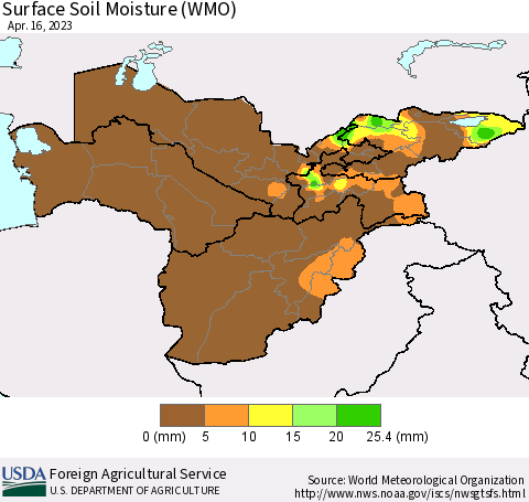 Central Asia Surface Soil Moisture (WMO) Thematic Map For 4/10/2023 - 4/16/2023