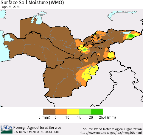Central Asia Surface Soil Moisture (WMO) Thematic Map For 4/17/2023 - 4/23/2023