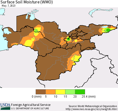 Central Asia Surface Soil Moisture (WMO) Thematic Map For 5/1/2023 - 5/7/2023