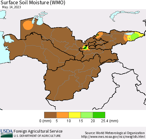 Central Asia Surface Soil Moisture (WMO) Thematic Map For 5/8/2023 - 5/14/2023