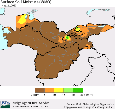 Central Asia Surface Soil Moisture (WMO) Thematic Map For 5/15/2023 - 5/21/2023