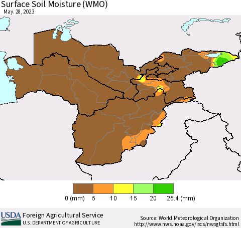 Central Asia Surface Soil Moisture (WMO) Thematic Map For 5/22/2023 - 5/28/2023