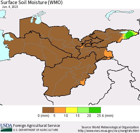 Central Asia Surface Soil Moisture (WMO) Thematic Map For 5/29/2023 - 6/4/2023