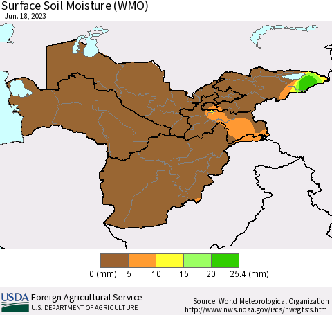 Central Asia Surface Soil Moisture (WMO) Thematic Map For 6/12/2023 - 6/18/2023