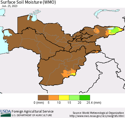 Central Asia Surface Soil Moisture (WMO) Thematic Map For 6/19/2023 - 6/25/2023