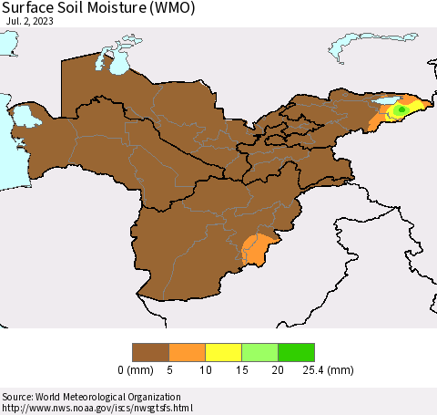 Central Asia Surface Soil Moisture (WMO) Thematic Map For 6/26/2023 - 7/2/2023