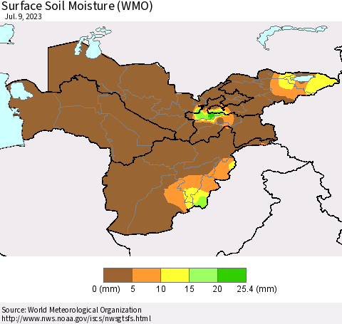 Central Asia Surface Soil Moisture (WMO) Thematic Map For 7/3/2023 - 7/9/2023