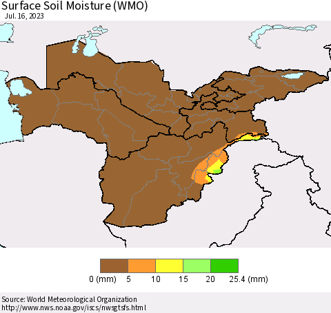 Central Asia Surface Soil Moisture (WMO) Thematic Map For 7/10/2023 - 7/16/2023