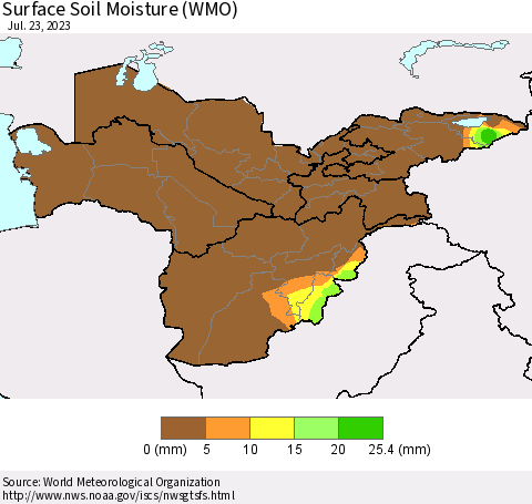 Central Asia Surface Soil Moisture (WMO) Thematic Map For 7/17/2023 - 7/23/2023