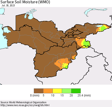 Central Asia Surface Soil Moisture (WMO) Thematic Map For 7/24/2023 - 7/30/2023