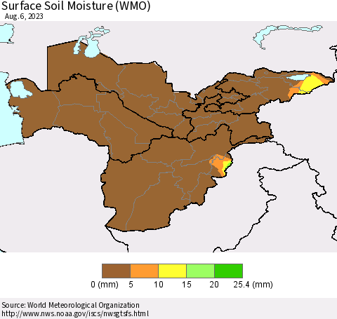 Central Asia Surface Soil Moisture (WMO) Thematic Map For 7/31/2023 - 8/6/2023