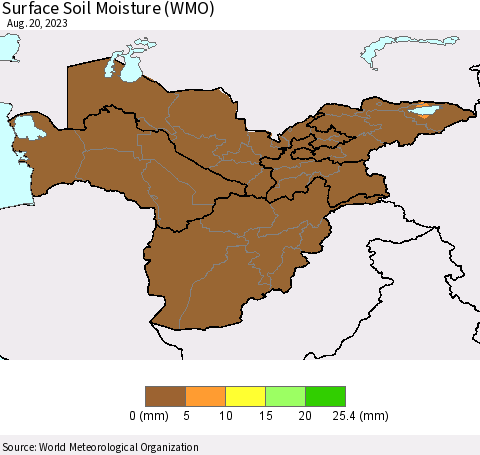 Central Asia Surface Soil Moisture (WMO) Thematic Map For 8/14/2023 - 8/20/2023