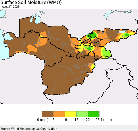 Central Asia Surface Soil Moisture (WMO) Thematic Map For 8/21/2023 - 8/27/2023