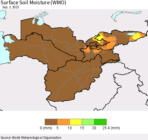 Central Asia Surface Soil Moisture (WMO) Thematic Map For 8/28/2023 - 9/3/2023