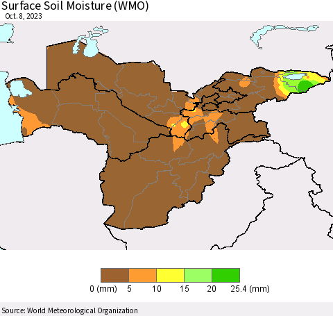 Central Asia Surface Soil Moisture (WMO) Thematic Map For 10/2/2023 - 10/8/2023