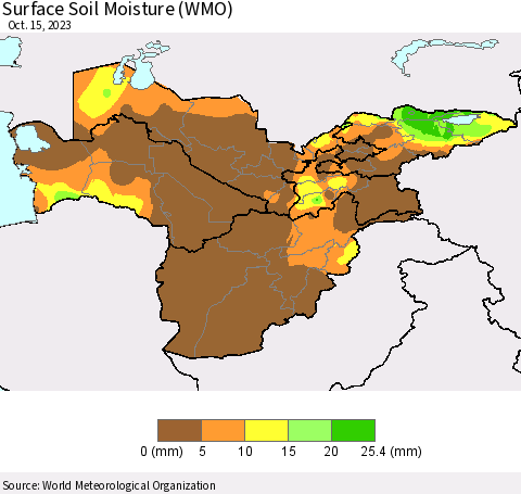 Central Asia Surface Soil Moisture (WMO) Thematic Map For 10/9/2023 - 10/15/2023